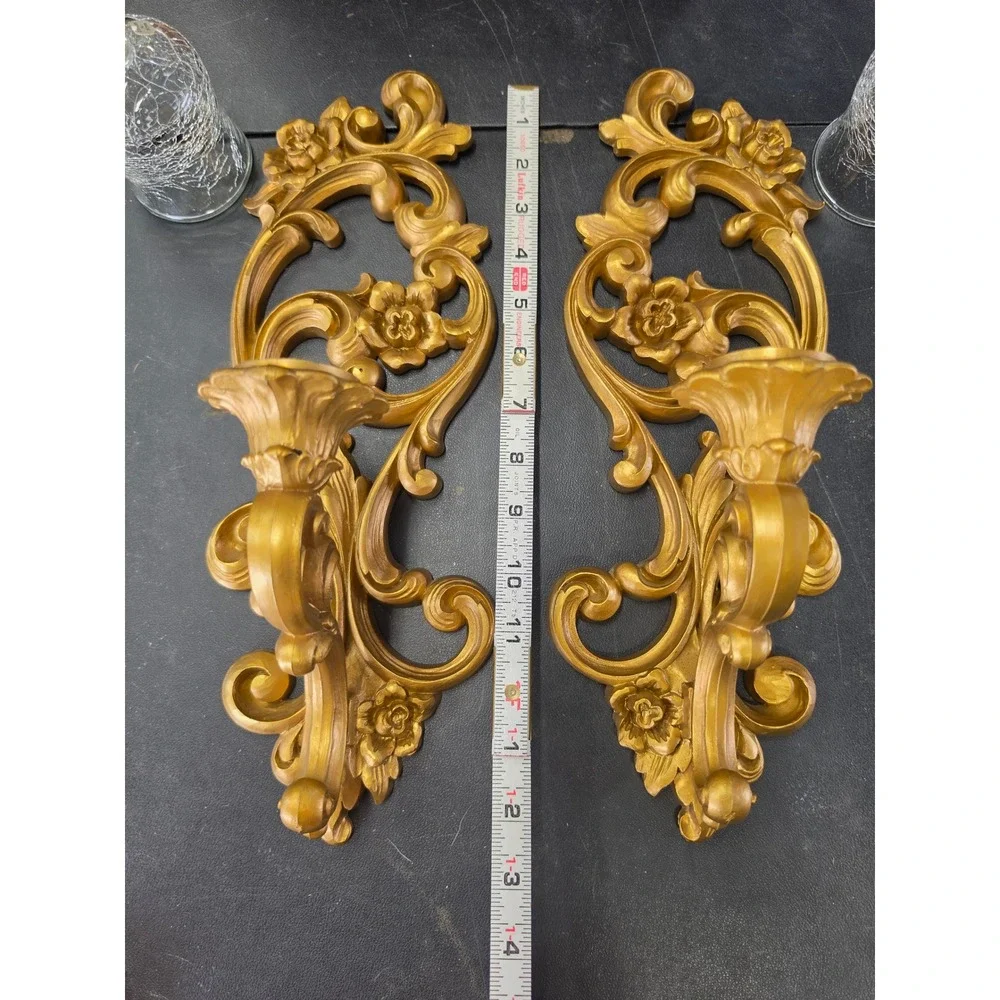 Vintage Homco Gold Wall Sconces Pair 4118 Hollywood Regency Crackle Glass 1971
